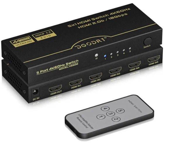 DGODRT HDMI Switch 5 in 1 Out 4K@60Hz, 5 Port HDMI Switcher Box with Remote Cont
