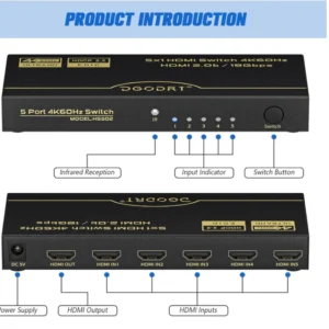 DGODRT HDMI Switch 5 in 1 Out 4K@60Hz, 5 Port HDMI Switcher Box with Remote Cont