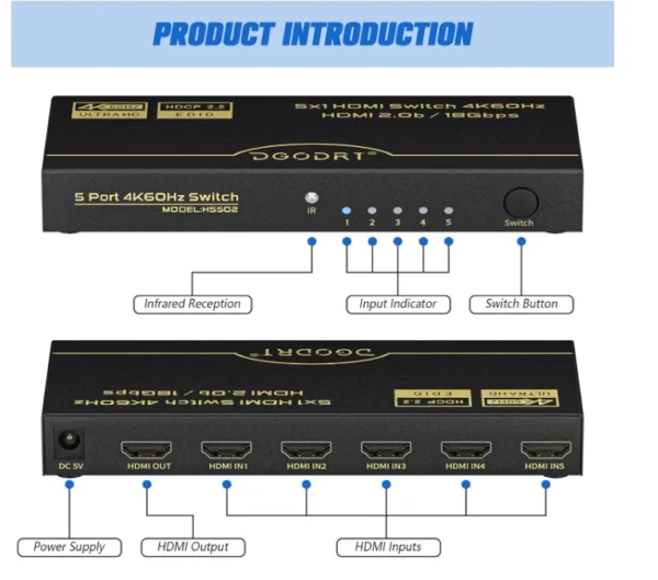 DGODRT HDMI Switch 5 in 1 Out 4K@60Hz, 5 Port HDMI Switcher Box with Remote Cont