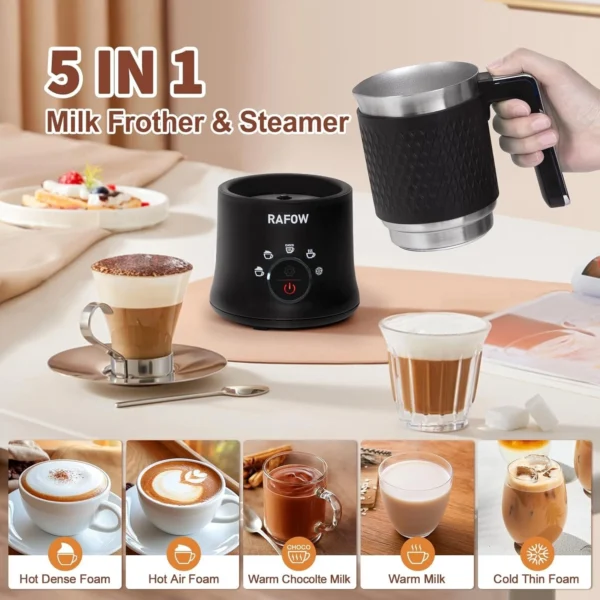 RAFOW Milk Frother Electric 5 in 1 Automatic Milk Frothers 350Ml Large Capacity