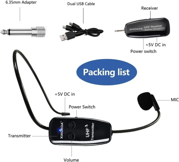 UHF12 Wireless Microphone Headset, 160ft Range, Dual Micro USB Charging, Suit...