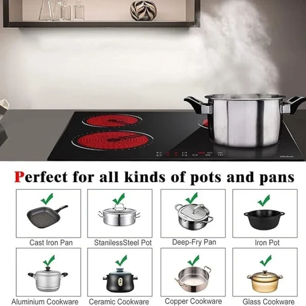 Hobsir hob Ceramic Hob 60 cm Electric Hob 4 Zone with Touch Control 6000W 9 Powe