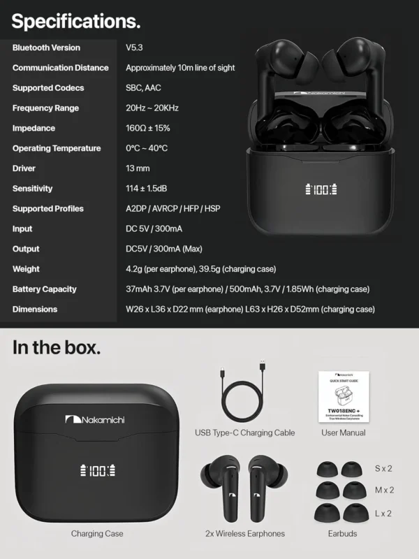 Nakamichi Sound Wireless In-Ear Earphones, Bluetooth 5.3, English TW018ENC