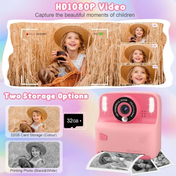 Instant Print Camera for Kids, Christmas Birthday for Age 3-12 Girls Boys Gifts,