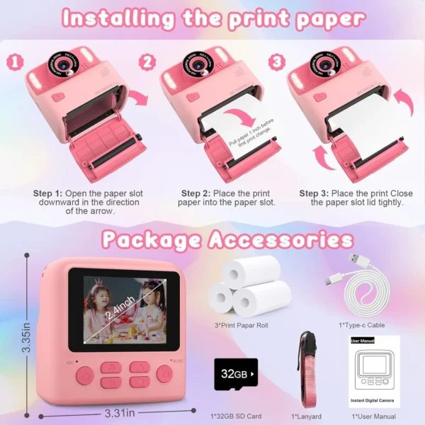 Instant Print Camera for Kids, Christmas Birthday for Age 3-12 Girls Boys Gifts,