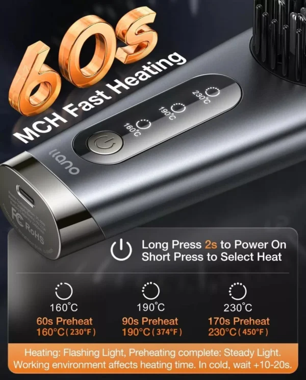 Hair Straightener Brush Portable Cordless Mini Fast 90Sec 230°C 6400mAh Tavel