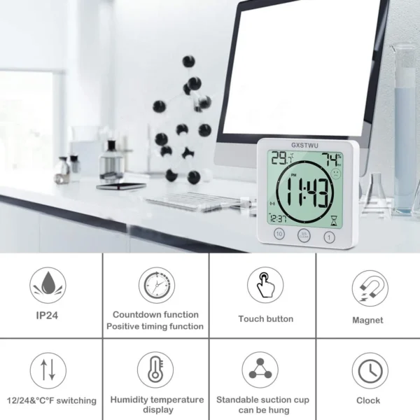 Waterproof Bathroom Digital Shower Clock Timer Alarm Temperature Meter Humidity