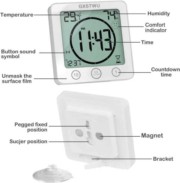 Waterproof Bathroom Digital Shower Clock Timer Alarm Temperature Meter Humidity